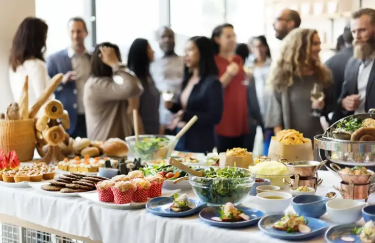 B2B-Catering für Firmenevents: Ein reich gedeckter Tisch mit pflanzlichen Köstlichkeiten, Salaten und Fingerfood für erfolgreiche Business-Meetings